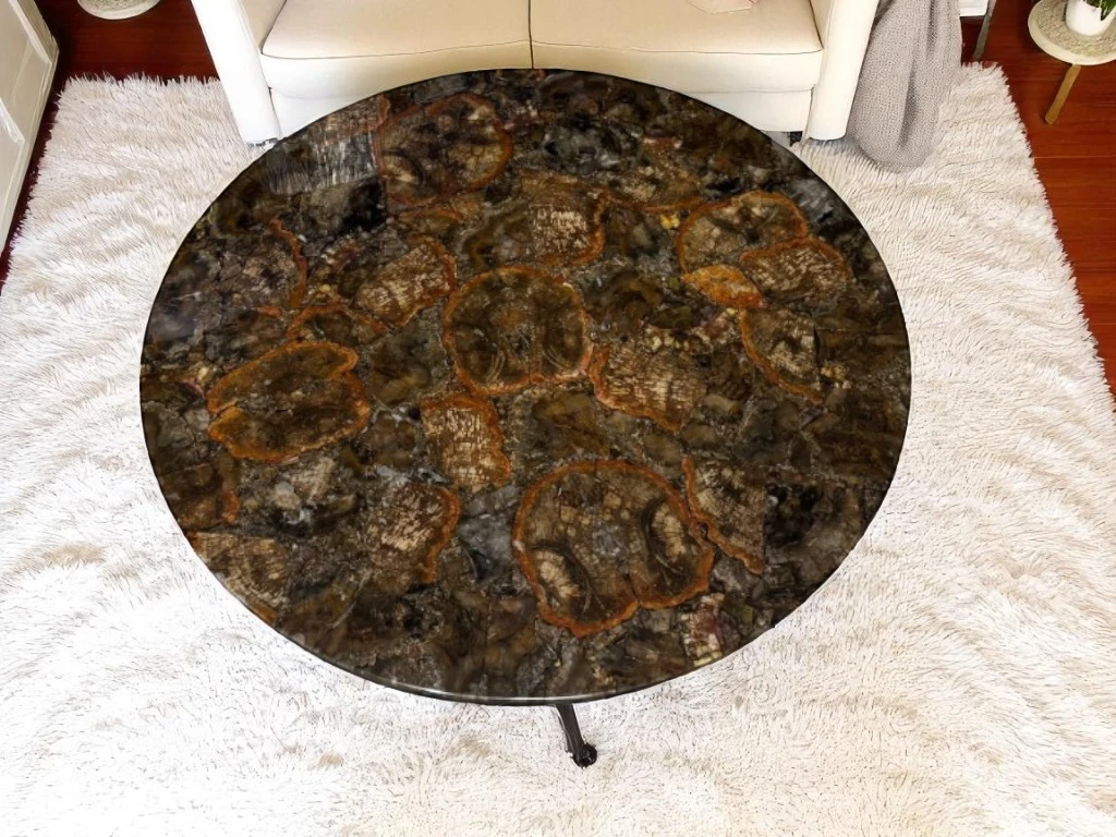 Round Petrified Wood Side Table for Bedroom Decor